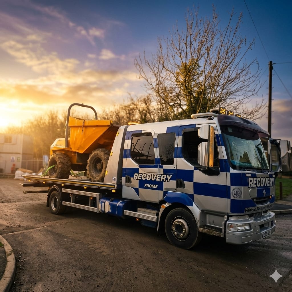 Recovery truck transporting a grey van in a car park